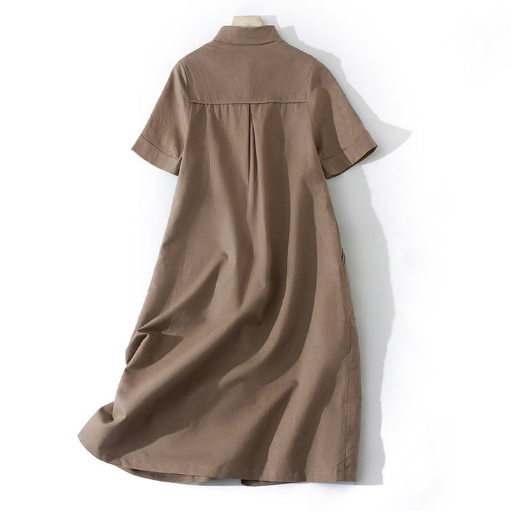 Buddha Stones Sommer-Retro-Midikleid aus Baumwolle mit einfarbigem Knopfdesign und kurzen Ärmeln und Taschen