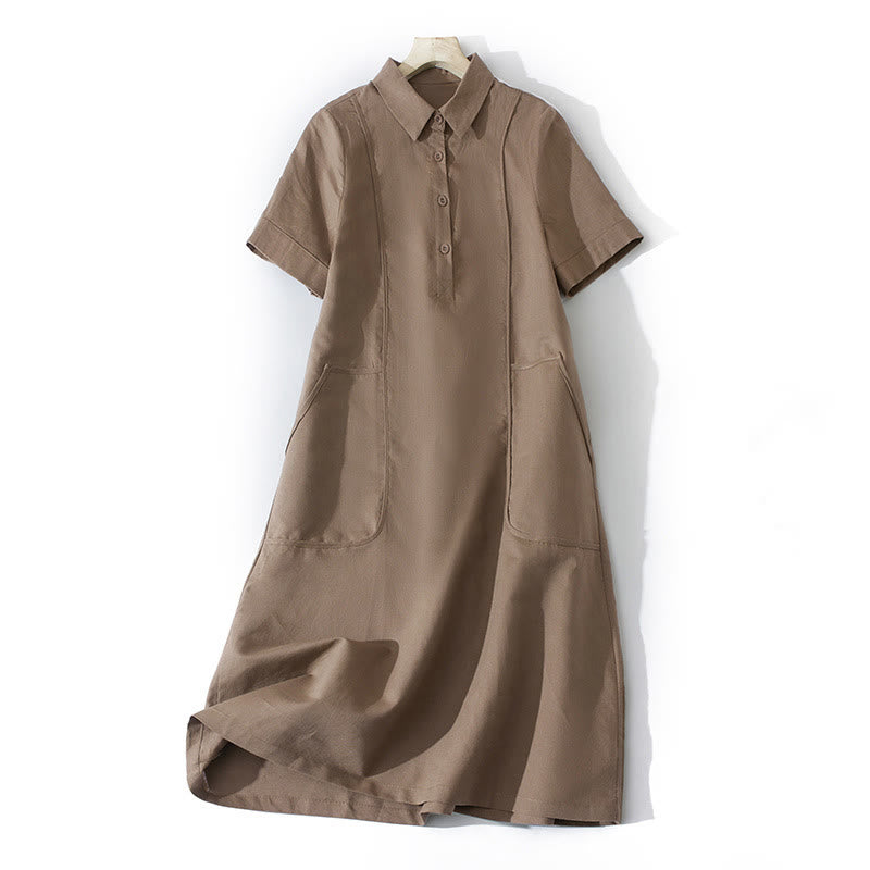 Buddha Stones Sommer-Retro-Midikleid aus Baumwolle mit einfarbigem Knopfdesign und kurzen Ärmeln und Taschen