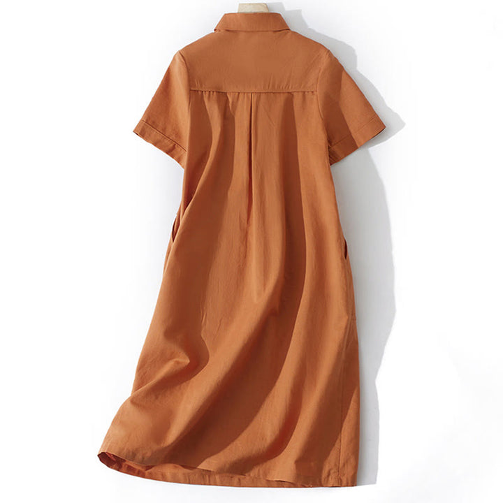 Buddha Stones Sommer-Retro-Midikleid aus Baumwolle mit einfarbigem Knopfdesign und kurzen Ärmeln und Taschen