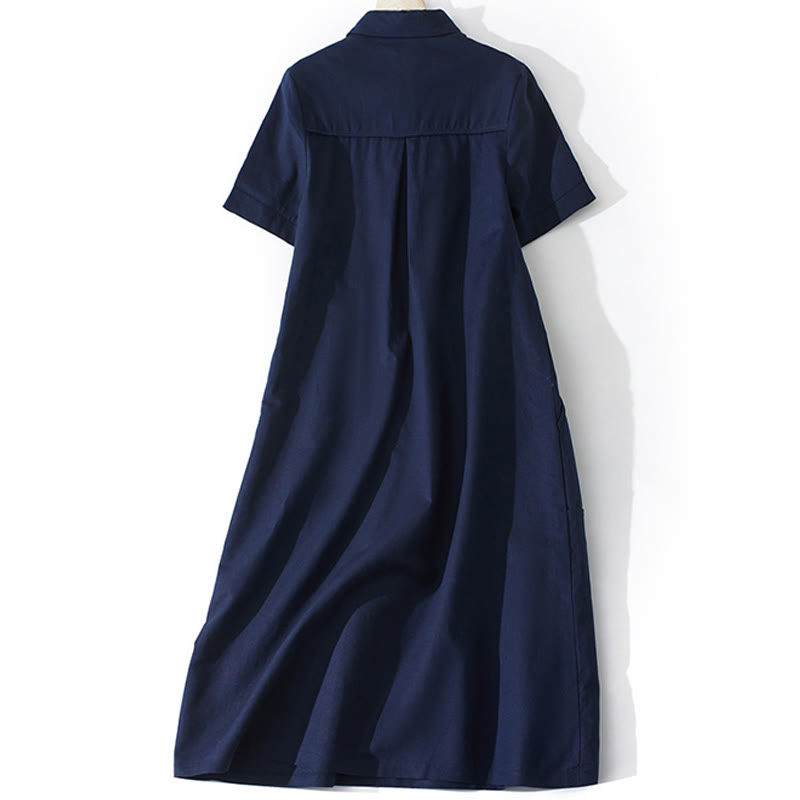 Buddha Stones Sommer-Retro-Midikleid aus Baumwolle mit einfarbigem Knopfdesign und kurzen Ärmeln und Taschen