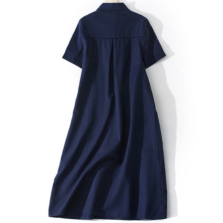 Buddha Stones Sommer-Retro-Midikleid aus Baumwolle mit einfarbigem Knopfdesign und kurzen Ärmeln und Taschen