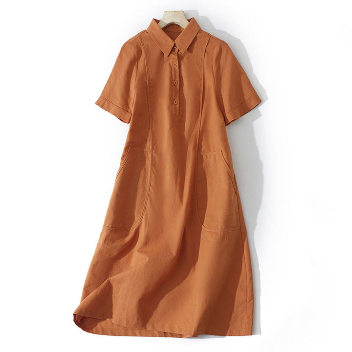 Buddha Stones Sommer-Retro-Midikleid aus Baumwolle mit einfarbigem Knopfdesign und kurzen Ärmeln und Taschen