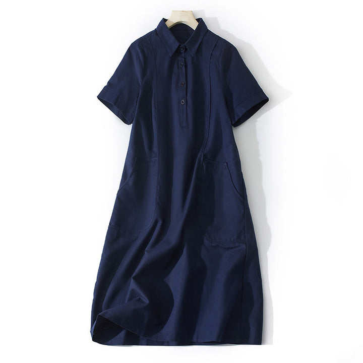 Buddha Stones Sommer-Retro-Midikleid aus Baumwolle mit einfarbigem Knopfdesign und kurzen Ärmeln und Taschen