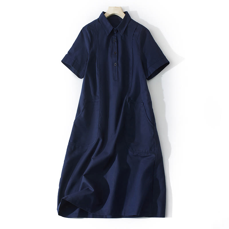 Buddha Stones Sommer-Retro-Midikleid aus Baumwolle mit einfarbigem Knopfdesign und kurzen Ärmeln und Taschen - Mitternachtsblau - US 8-10, UK/AU 12-14, EU 40-42 (2XL) - image 16