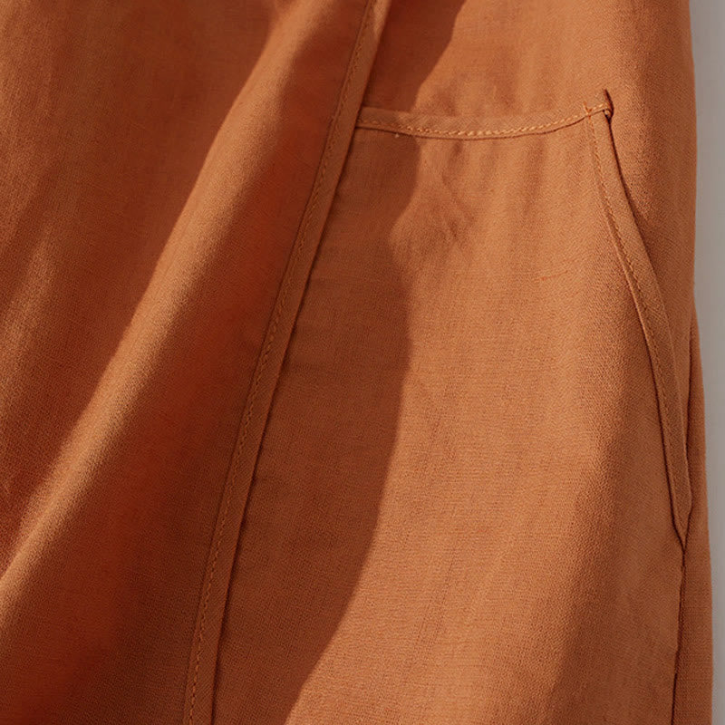 Buddha Stones Sommer-Retro-Midikleid aus Baumwolle mit einfarbigem Knopfdesign und kurzen Ärmeln und Taschen