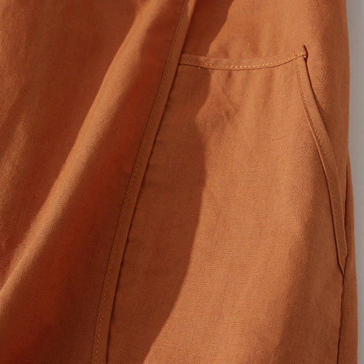 Buddha Stones Sommer-Retro-Midikleid aus Baumwolle mit einfarbigem Knopfdesign und kurzen Ärmeln und Taschen