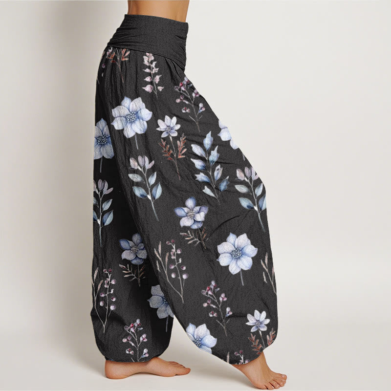 Buddha Stones Lässige Haremshose mit zartem Blumen- und Blättermuster für Damen, elastische Taille - image 2