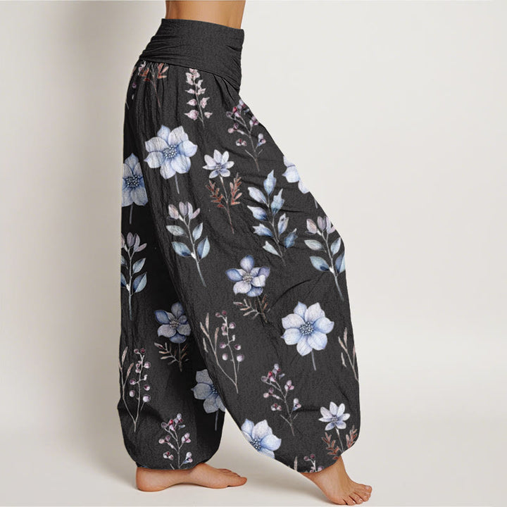Buddha Stones Lässige Haremshose mit zartem Blumen- und Blättermuster für Damen, elastische Taille - image 2