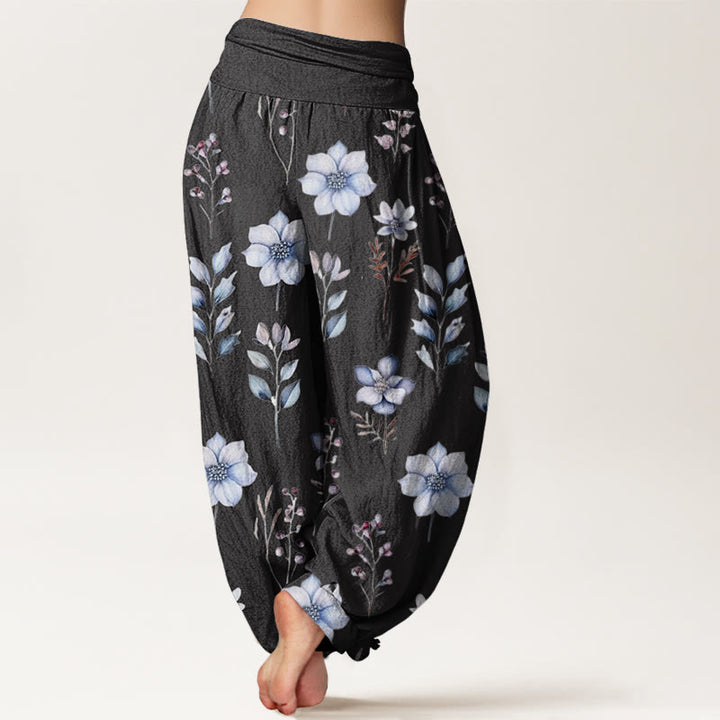 Buddha Stones Lässige Haremshose mit zartem Blumen- und Blättermuster für Damen, elastische Taille - image 3