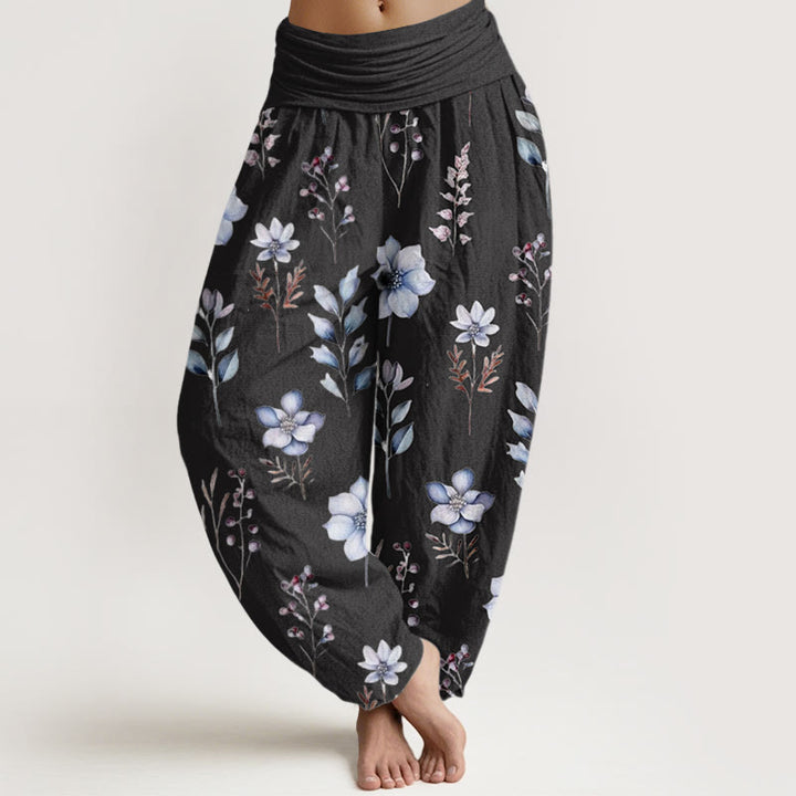 Buddha Stones Lässige Haremshose mit zartem Blumen- und Blättermuster für Damen, elastische Taille - Schwarz - US22， UK/AU26，EU54 (6XL) - image 1