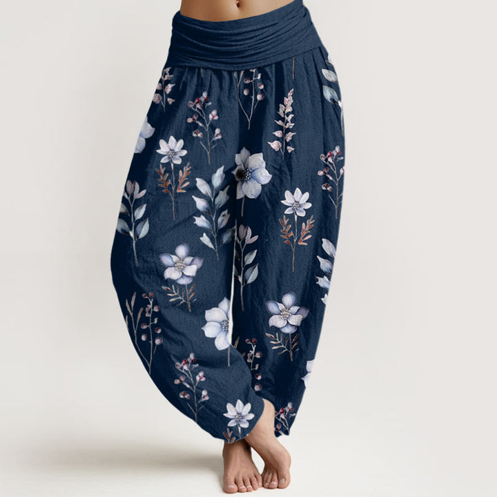 Buddha Stones Lässige Haremshose mit zartem Blumen- und Blättermuster für Damen, elastische Taille - Mitternachtsblau - US22， UK/AU26，EU54 (6XL) - image 5