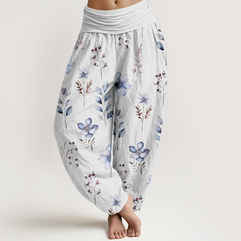 Buddha Stones Lässige Haremshose mit zartem Blumen- und Blättermuster für Damen, elastische Taille - Schnee - US22， UK/AU26，EU54 (6XL) - image 8