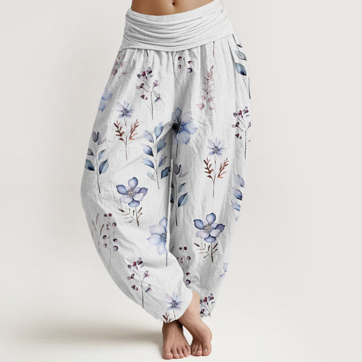 Buddha Stones Lässige Haremshose mit zartem Blumen- und Blättermuster für Damen, elastische Taille - Schnee - US22， UK/AU26，EU54 (6XL) - image 8