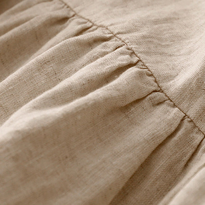 Buddha Stones Lässiges, künstlerisches, einfarbiges, schlichtes Design, hohe Taille, kurze Ärmel, Midikleid aus Baumwolle und Leinen mit Taschen - image 5