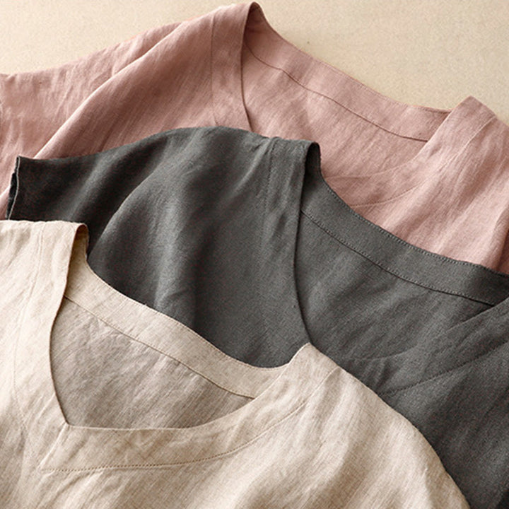 Buddha Stones Lässiges, künstlerisches, einfarbiges, schlichtes Design, hohe Taille, kurze Ärmel, Midikleid aus Baumwolle und Leinen mit Taschen - image 20