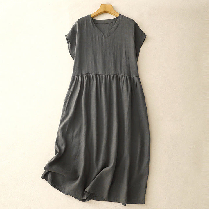 Buddha Stones Lässiges, künstlerisches, einfarbiges, schlichtes Design, hohe Taille, kurze Ärmel, Midikleid aus Baumwolle und Leinen mit Taschen - Schiefergrau - US 8-10, UK/AU 12-14, EU 40-42 (2XL) - image 8