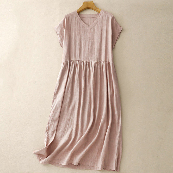 Buddha Stones Lässiges, künstlerisches, einfarbiges, schlichtes Design, hohe Taille, kurze Ärmel, Midikleid aus Baumwolle und Leinen mit Taschen - Rosa - US 8-10, UK/AU 12-14, EU 40-42 (2XL) - image 14