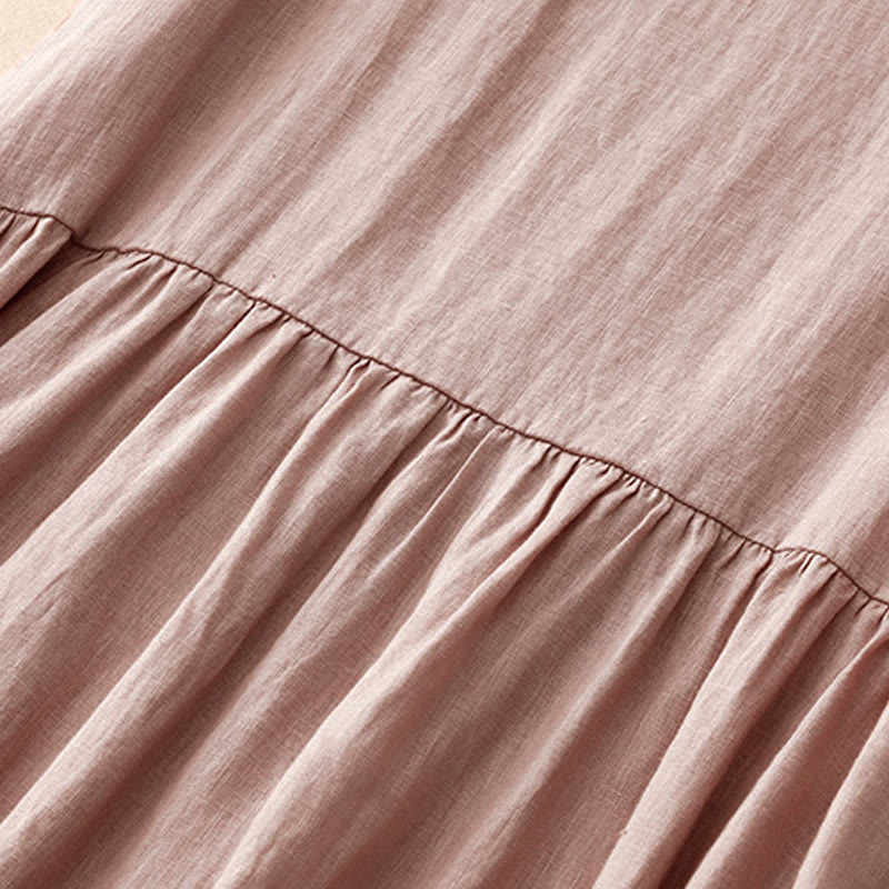 Buddha Stones Lässiges, künstlerisches, einfarbiges, schlichtes Design, hohe Taille, kurze Ärmel, Midikleid aus Baumwolle und Leinen mit Taschen - image 17