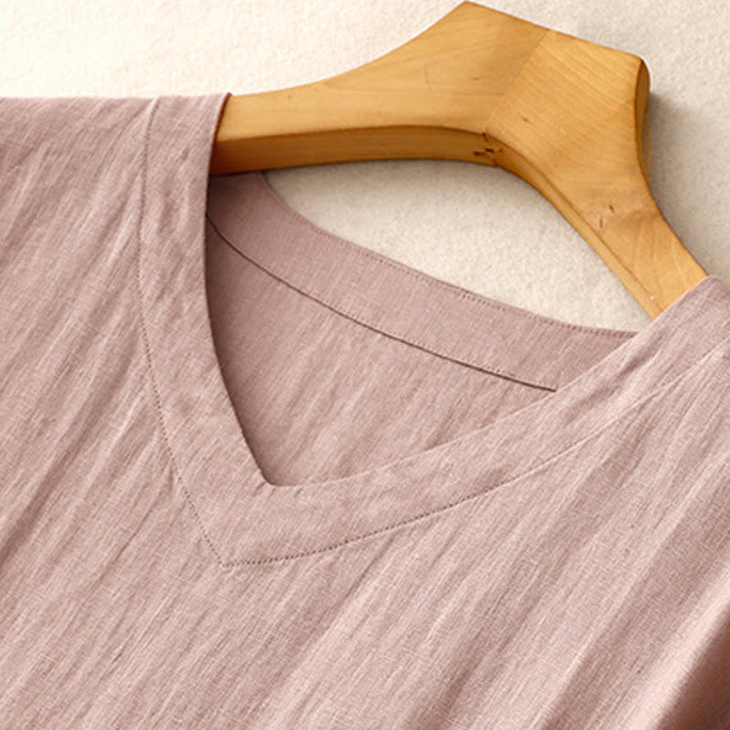 Buddha Stones Lässiges, künstlerisches, einfarbiges, schlichtes Design, hohe Taille, kurze Ärmel, Midikleid aus Baumwolle und Leinen mit Taschen - image 15