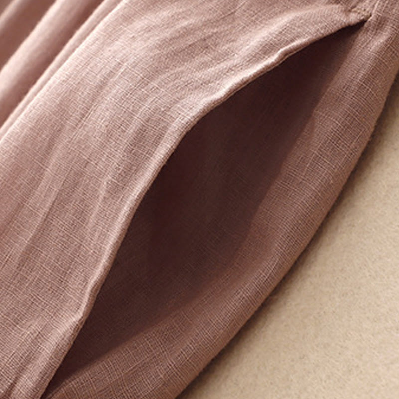 Buddha Stones Lässiges, künstlerisches, einfarbiges, schlichtes Design, hohe Taille, kurze Ärmel, Midikleid aus Baumwolle und Leinen mit Taschen - image 18