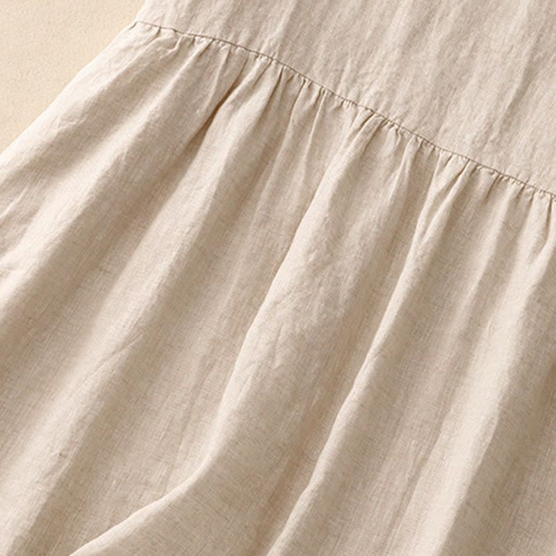 Buddha Stones Lässiges, künstlerisches, einfarbiges, schlichtes Design, hohe Taille, kurze Ärmel, Midikleid aus Baumwolle und Leinen mit Taschen - image 4