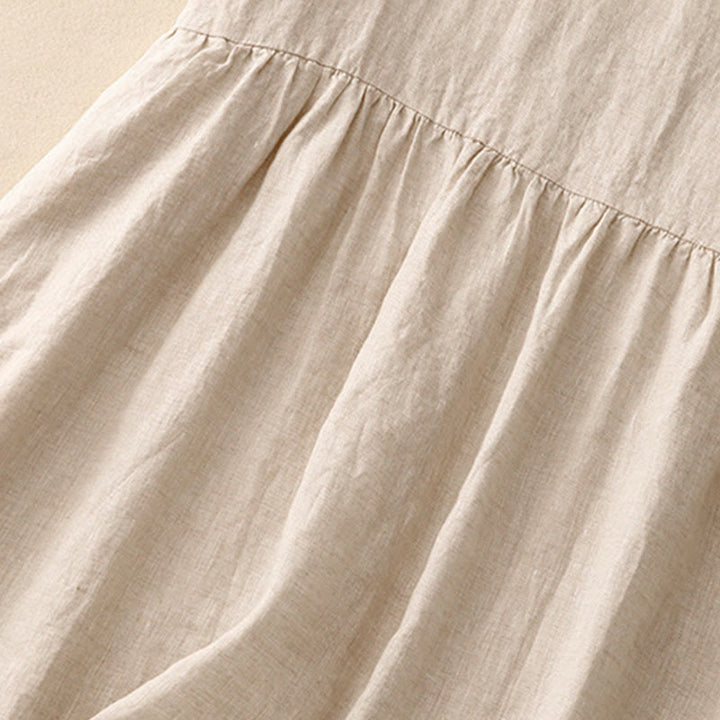 Buddha Stones Lässiges, künstlerisches, einfarbiges, schlichtes Design, hohe Taille, kurze Ärmel, Midikleid aus Baumwolle und Leinen mit Taschen - image 4