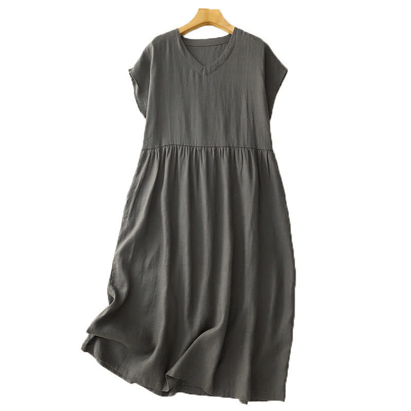 Buddha Stones Lässiges, künstlerisches, einfarbiges, schlichtes Design, hohe Taille, kurze Ärmel, Midikleid aus Baumwolle und Leinen mit Taschen - image 13