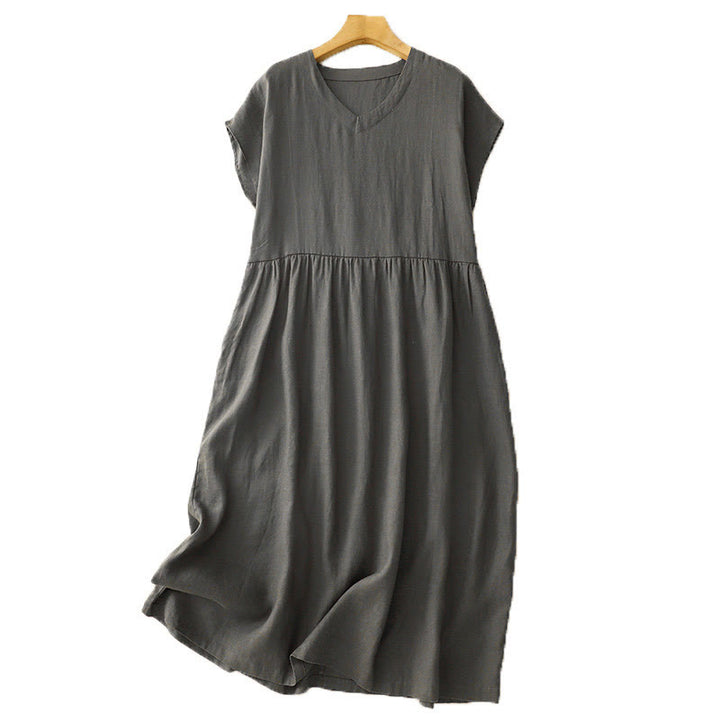 Buddha Stones Lässiges, künstlerisches, einfarbiges, schlichtes Design, hohe Taille, kurze Ärmel, Midikleid aus Baumwolle und Leinen mit Taschen - image 13