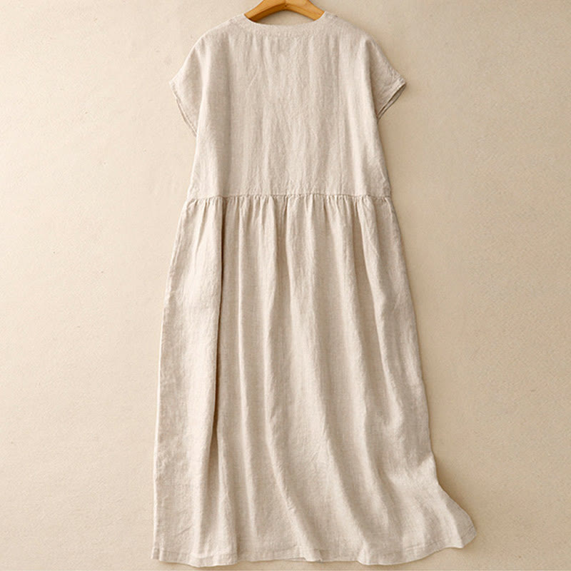 Buddha Stones Lässiges, künstlerisches, einfarbiges, schlichtes Design, hohe Taille, kurze Ärmel, Midikleid aus Baumwolle und Leinen mit Taschen - image 1