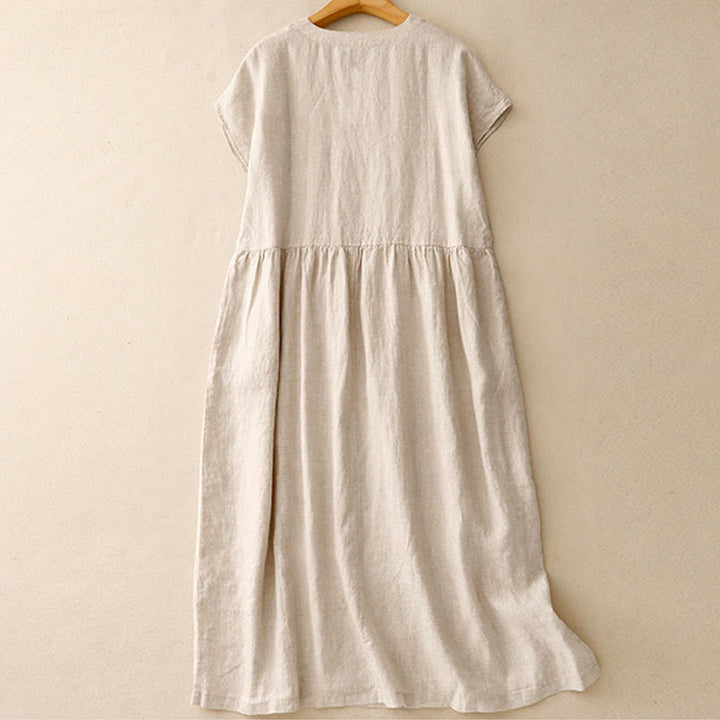 Buddha Stones Lässiges, künstlerisches, einfarbiges, schlichtes Design, hohe Taille, kurze Ärmel, Midikleid aus Baumwolle und Leinen mit Taschen - image 1