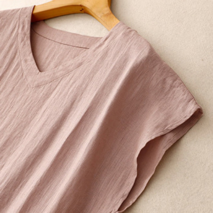 Buddha Stones Lässiges, künstlerisches, einfarbiges, schlichtes Design, hohe Taille, kurze Ärmel, Midikleid aus Baumwolle und Leinen mit Taschen - image 16