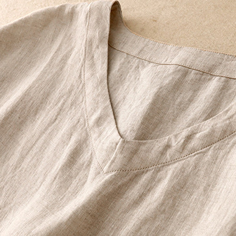 Buddha Stones Lässiges, künstlerisches, einfarbiges, schlichtes Design, hohe Taille, kurze Ärmel, Midikleid aus Baumwolle und Leinen mit Taschen - image 2