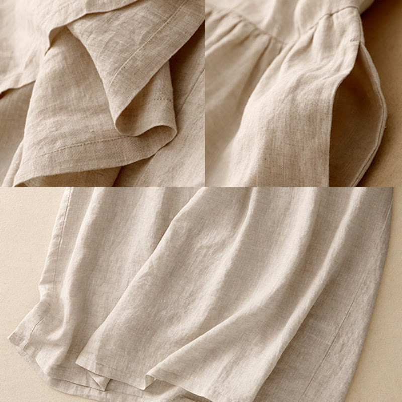 Buddha Stones Lässiges, künstlerisches, einfarbiges, schlichtes Design, hohe Taille, kurze Ärmel, Midikleid aus Baumwolle und Leinen mit Taschen - image 7