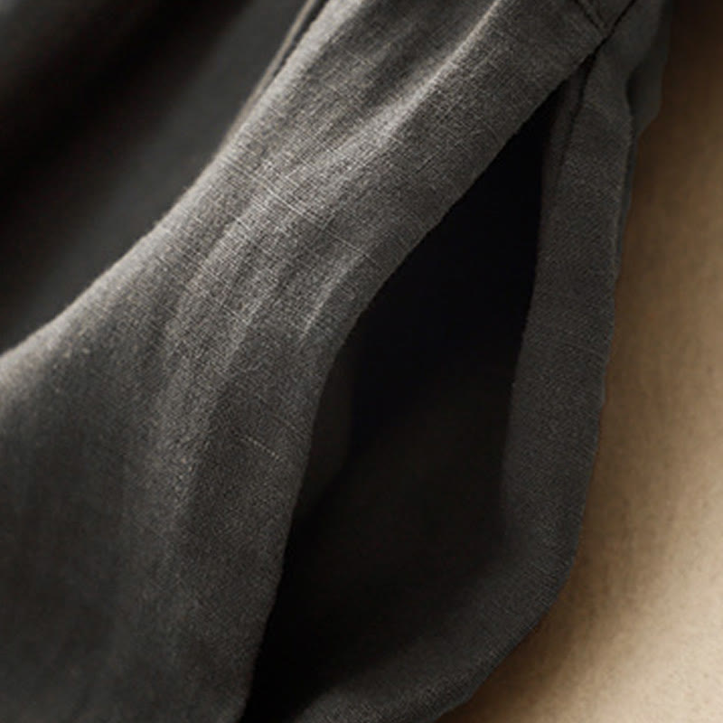 Buddha Stones Lässiges, künstlerisches, einfarbiges, schlichtes Design, hohe Taille, kurze Ärmel, Midikleid aus Baumwolle und Leinen mit Taschen - image 11