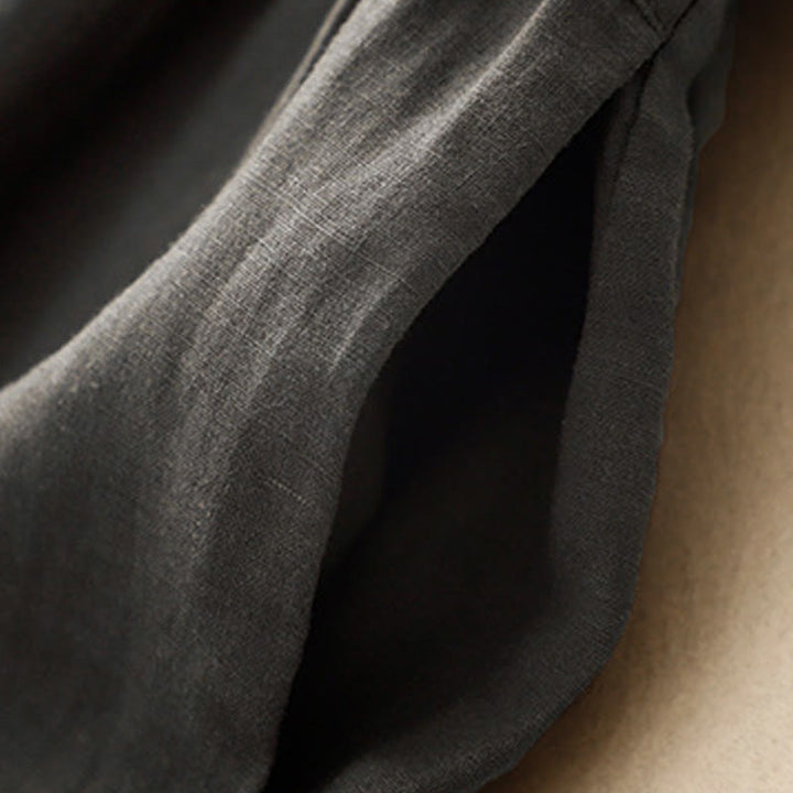 Buddha Stones Lässiges, künstlerisches, einfarbiges, schlichtes Design, hohe Taille, kurze Ärmel, Midikleid aus Baumwolle und Leinen mit Taschen - image 11