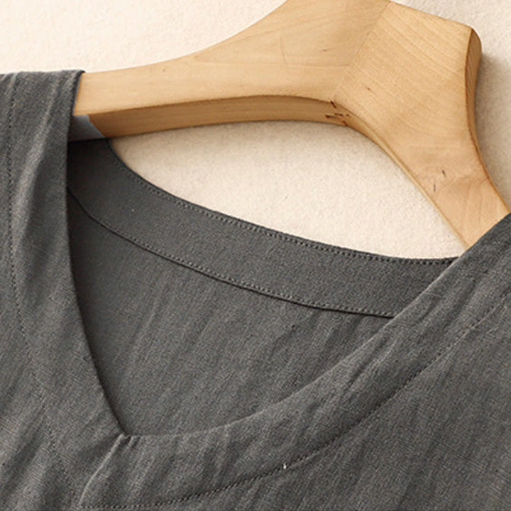 Buddha Stones Lässiges, künstlerisches, einfarbiges, schlichtes Design, hohe Taille, kurze Ärmel, Midikleid aus Baumwolle und Leinen mit Taschen - image 9