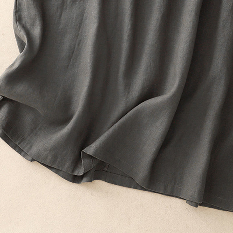 Buddha Stones Lässiges, künstlerisches, einfarbiges, schlichtes Design, hohe Taille, kurze Ärmel, Midikleid aus Baumwolle und Leinen mit Taschen - image 12