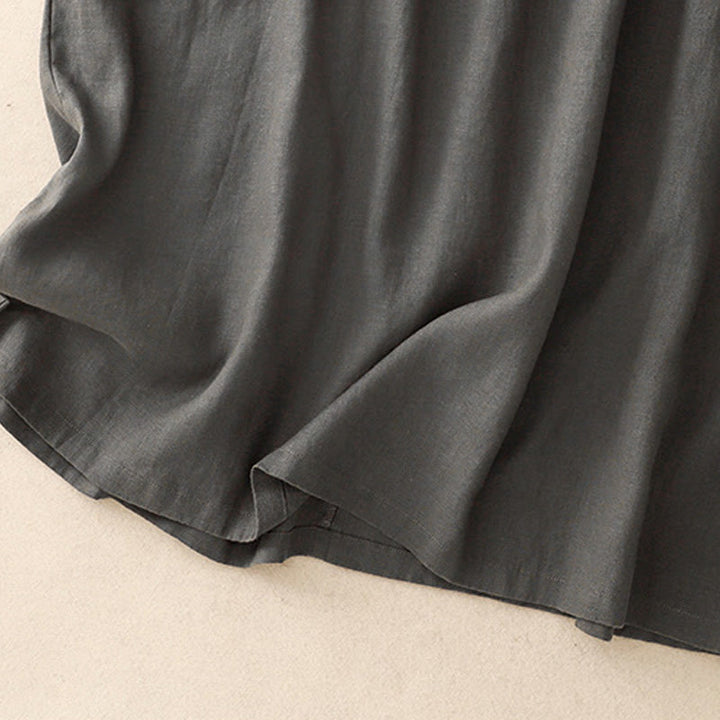 Buddha Stones Lässiges, künstlerisches, einfarbiges, schlichtes Design, hohe Taille, kurze Ärmel, Midikleid aus Baumwolle und Leinen mit Taschen - image 12