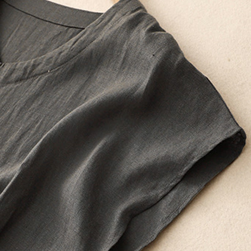 Buddha Stones Lässiges, künstlerisches, einfarbiges, schlichtes Design, hohe Taille, kurze Ärmel, Midikleid aus Baumwolle und Leinen mit Taschen - image 10