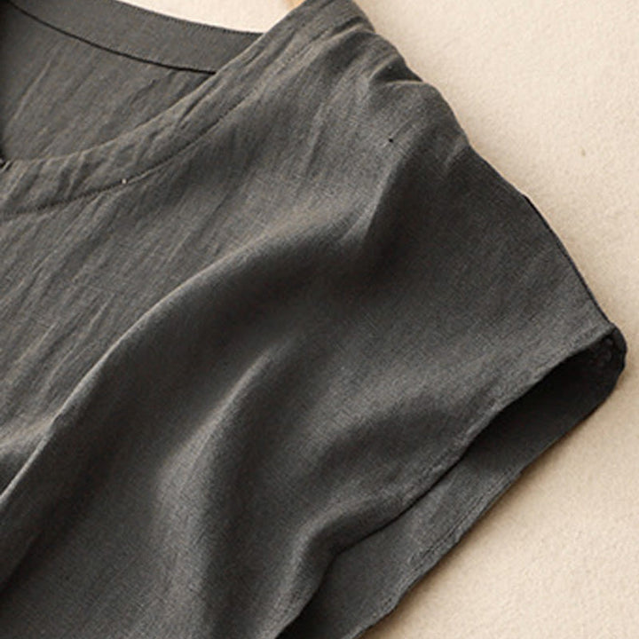 Buddha Stones Lässiges, künstlerisches, einfarbiges, schlichtes Design, hohe Taille, kurze Ärmel, Midikleid aus Baumwolle und Leinen mit Taschen - image 10