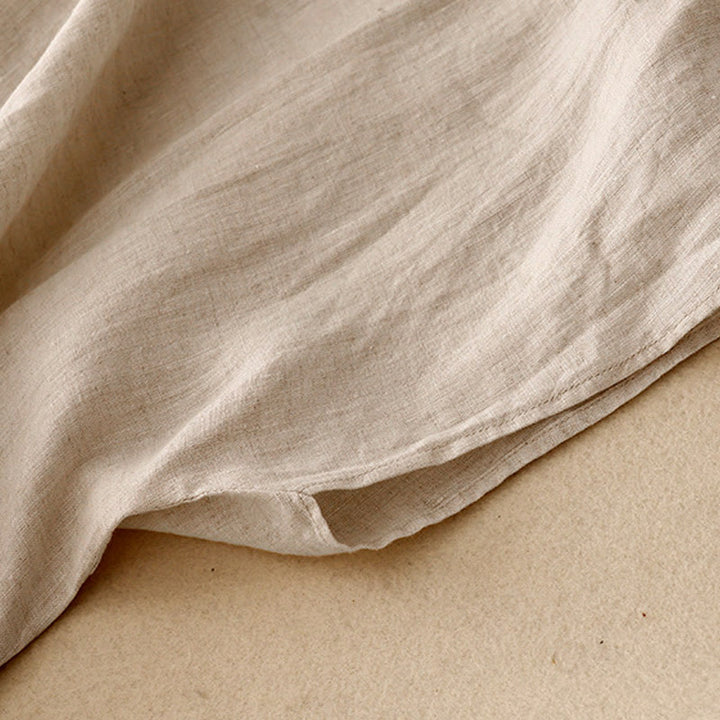 Buddha Stones Lässiges, künstlerisches, einfarbiges, schlichtes Design, hohe Taille, kurze Ärmel, Midikleid aus Baumwolle und Leinen mit Taschen - image 3