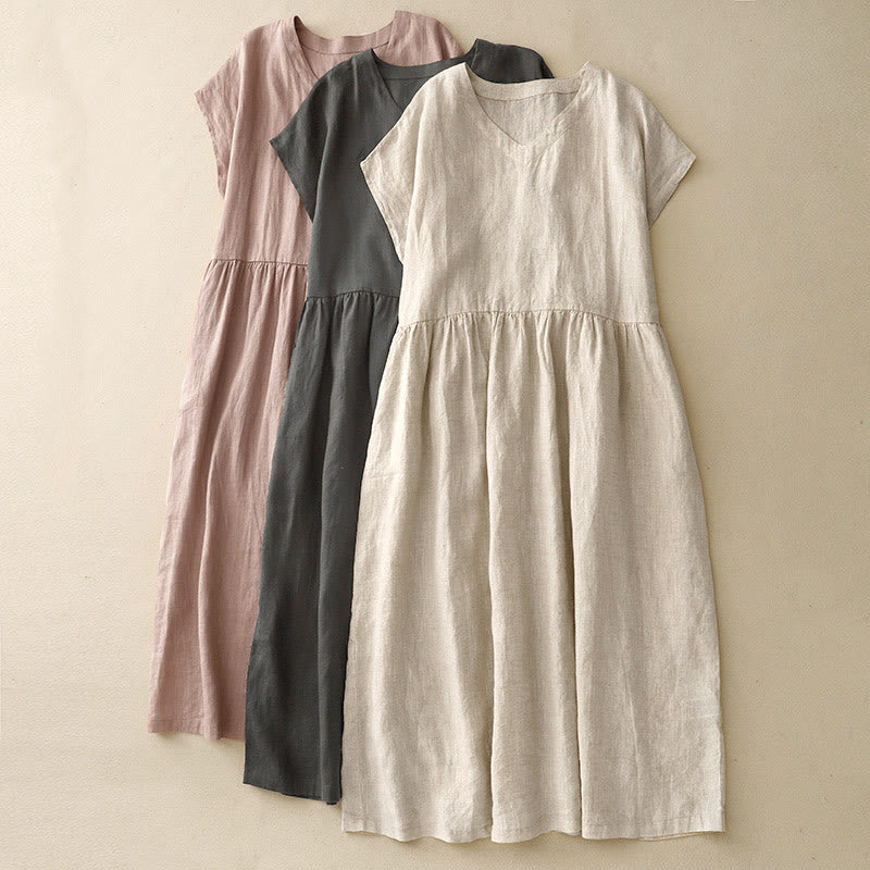 Buddha Stones Lässiges, künstlerisches, einfarbiges, schlichtes Design, hohe Taille, kurze Ärmel, Midikleid aus Baumwolle und Leinen mit Taschen - image 19