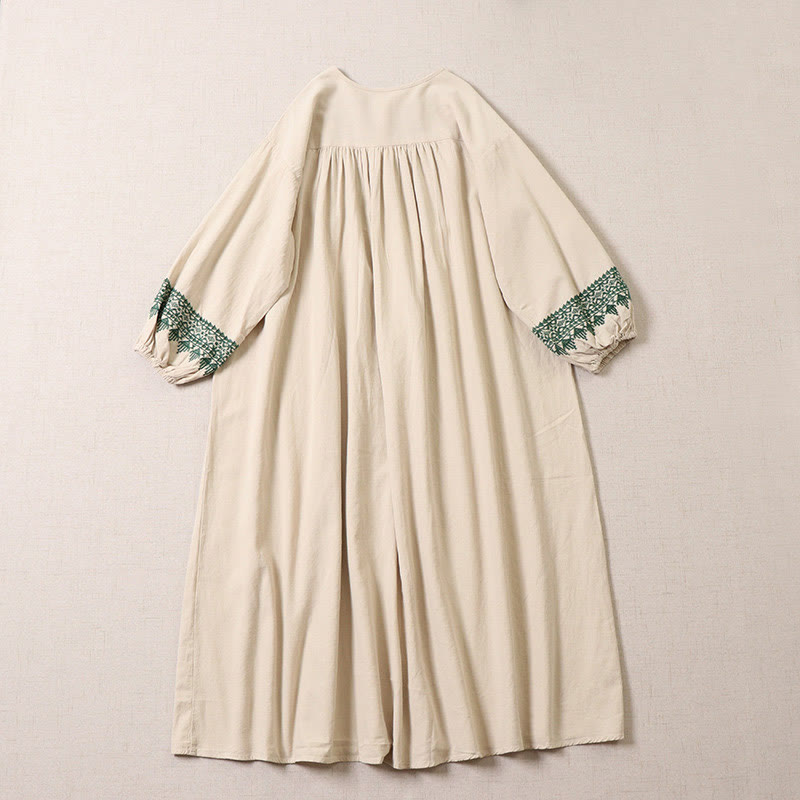 Buddha Stones – Lässiges Midikleid aus Baumwolle und Leinen mit künstlerischer geometrischer Stickerei und Knopfleiste vorne - image 8