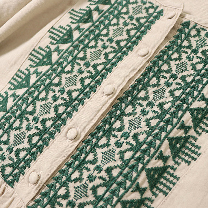 Buddha Stones – Lässiges Midikleid aus Baumwolle und Leinen mit künstlerischer geometrischer Stickerei und Knopfleiste vorne - image 15