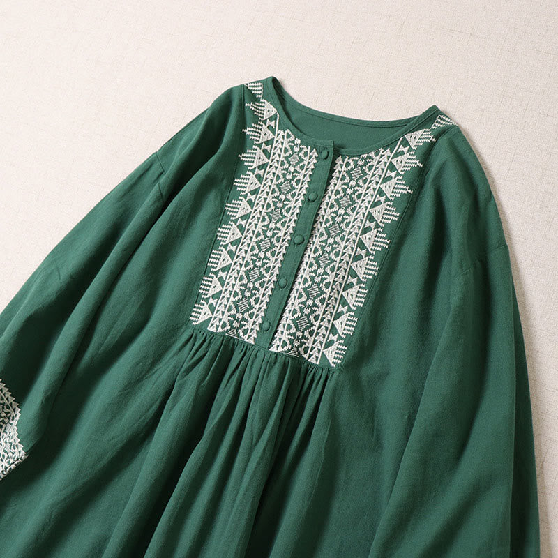 Buddha Stones – Lässiges Midikleid aus Baumwolle und Leinen mit künstlerischer geometrischer Stickerei und Knopfleiste vorne - image 1