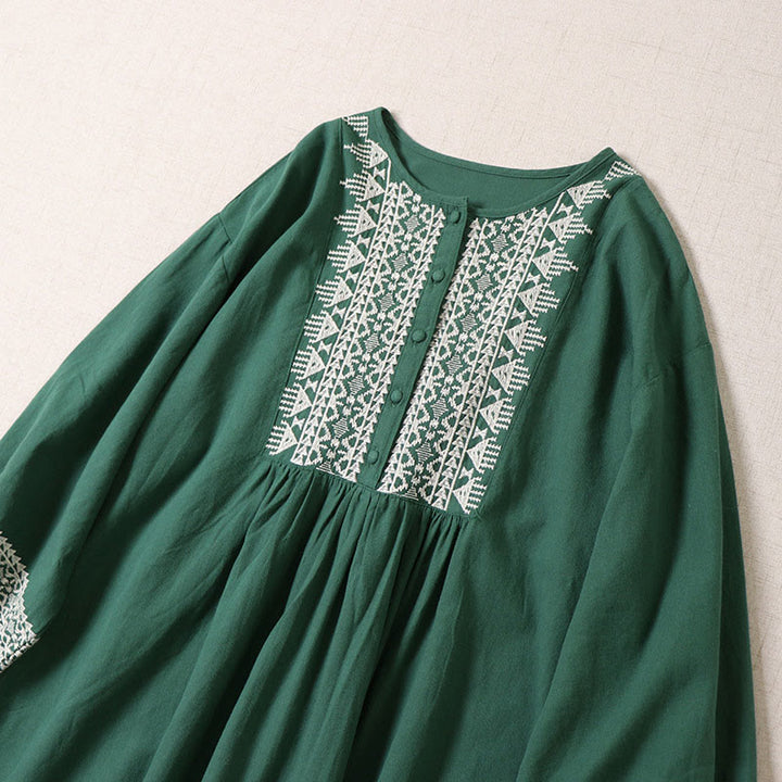 Buddha Stones – Lässiges Midikleid aus Baumwolle und Leinen mit künstlerischer geometrischer Stickerei und Knopfleiste vorne - image 1