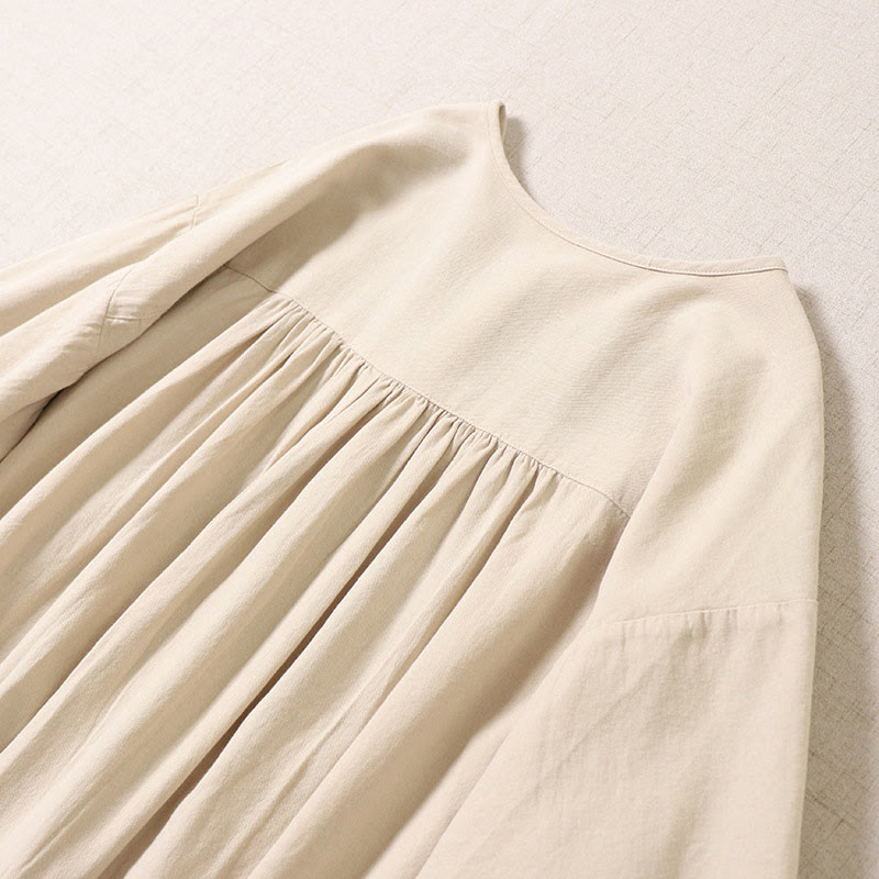 Buddha Stones – Lässiges Midikleid aus Baumwolle und Leinen mit künstlerischer geometrischer Stickerei und Knopfleiste vorne - image 12