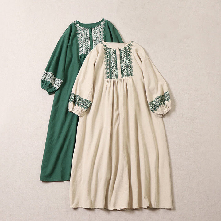 Lässiges Midikleid mit Buddha Stones, kunstvoller geometrischer Stickerei, Knopfleiste vorne, langen Laternenärmeln - image 19