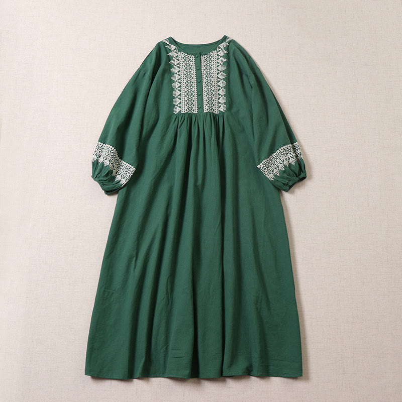 Buddha Stones – Lässiges Midikleid aus Baumwolle und Leinen mit künstlerischer geometrischer Stickerei und Knopfleiste vorne - Seegrün - US8-10， UK/AU12-14，EU40-42 (2XL) - image 0