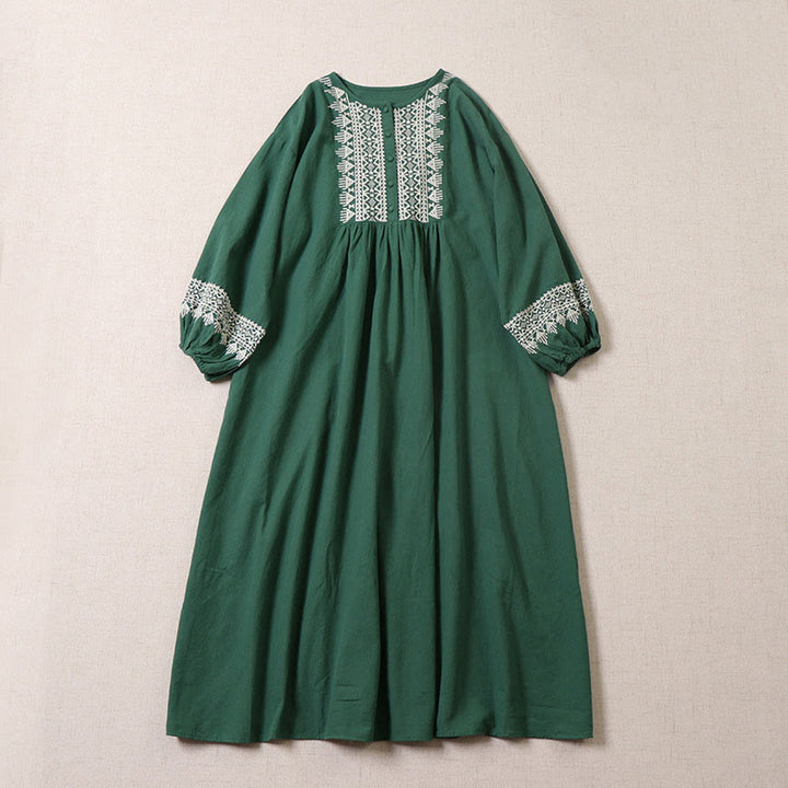 Buddha Stones – Lässiges Midikleid aus Baumwolle und Leinen mit künstlerischer geometrischer Stickerei und Knopfleiste vorne - Seegrün - US8-10， UK/AU12-14，EU40-42 (2XL) - image 0